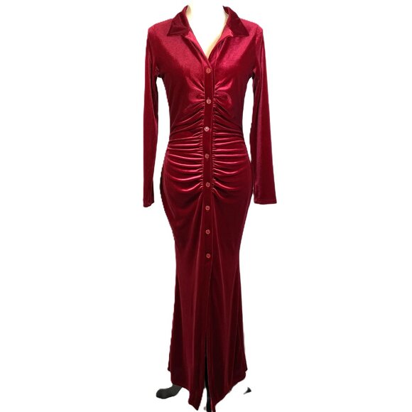 Fashion Nova Weekend Icon Velvet Maxi Shirt Dress Burgundy Size M - Picture 5 of 16
